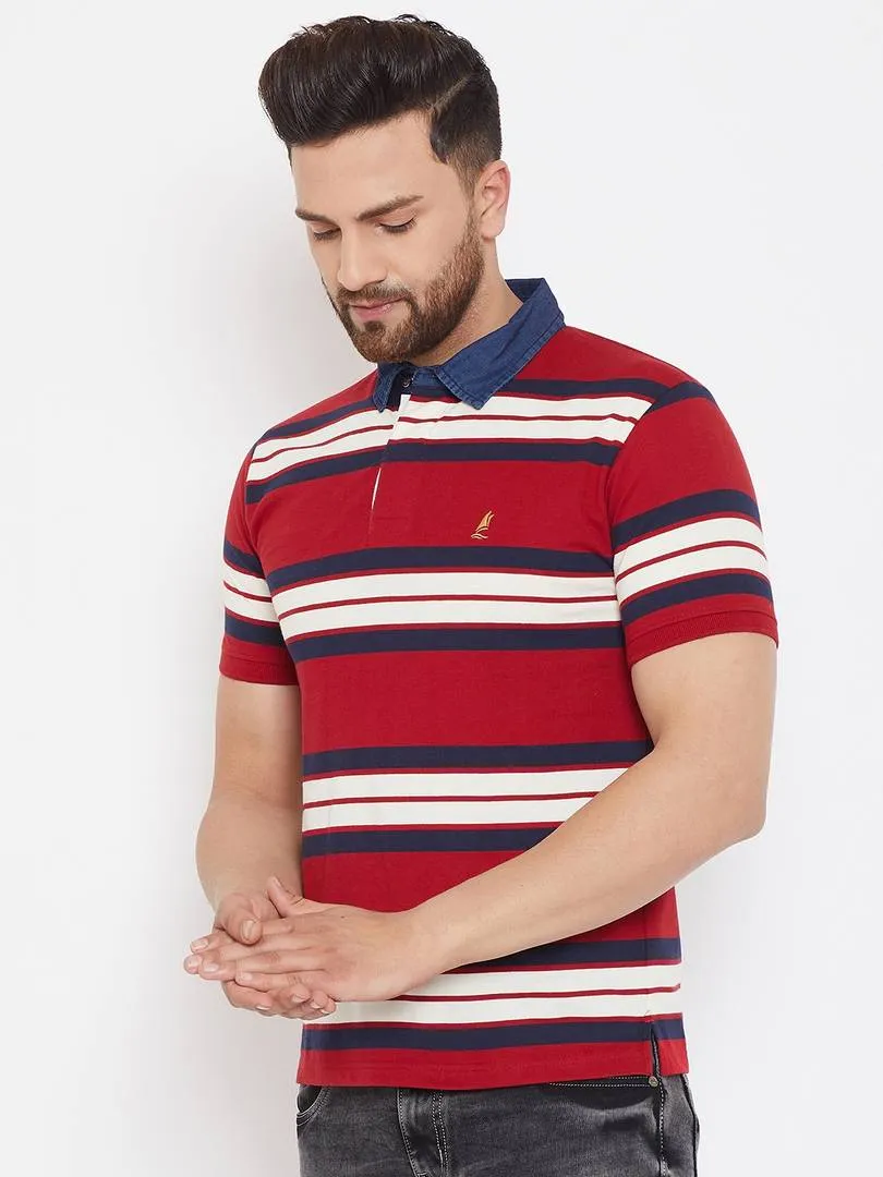 Men's Red Cotton Striped Polos