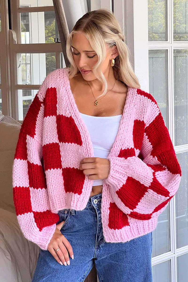 Pink Checkered Long Sleeve Chunky Knit Cardigan