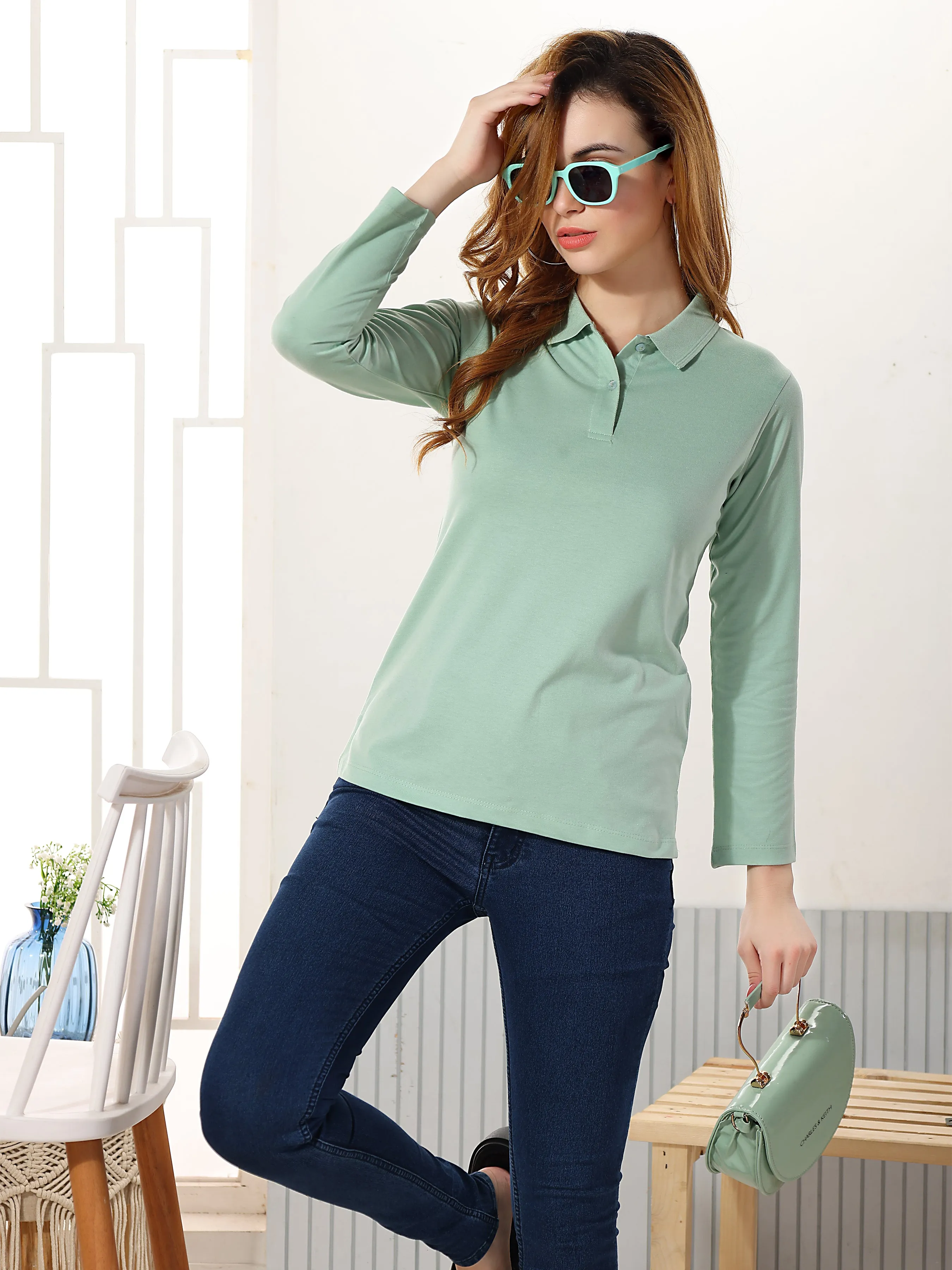 Plain T-shirt (Full sleeves): Stylish Collar Tops for Women