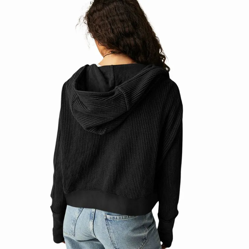 Ribbed Black Zip Up Hooded Cardigan