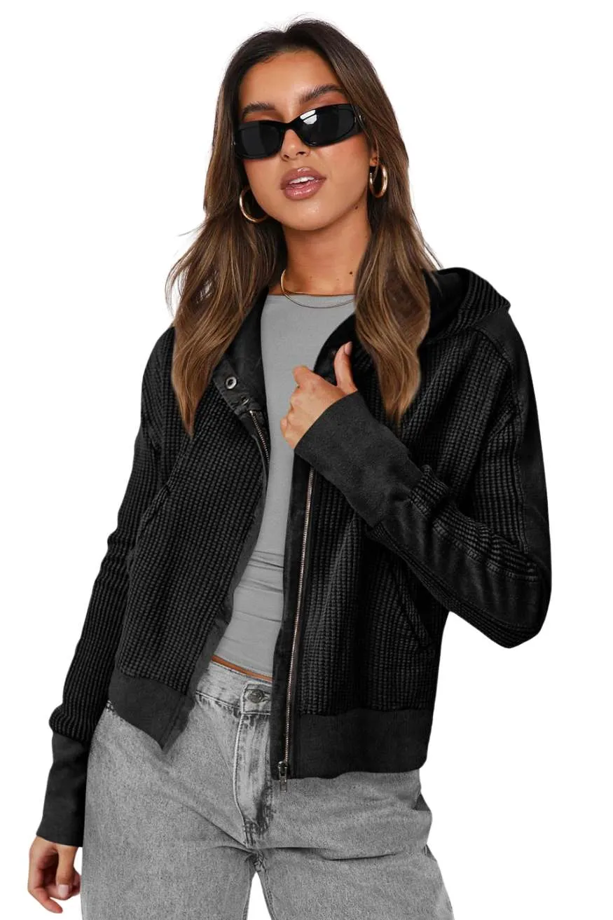 Ribbed Black Zip Up Hooded Cardigan