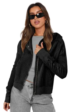 Ribbed Black Zip Up Hooded Cardigan