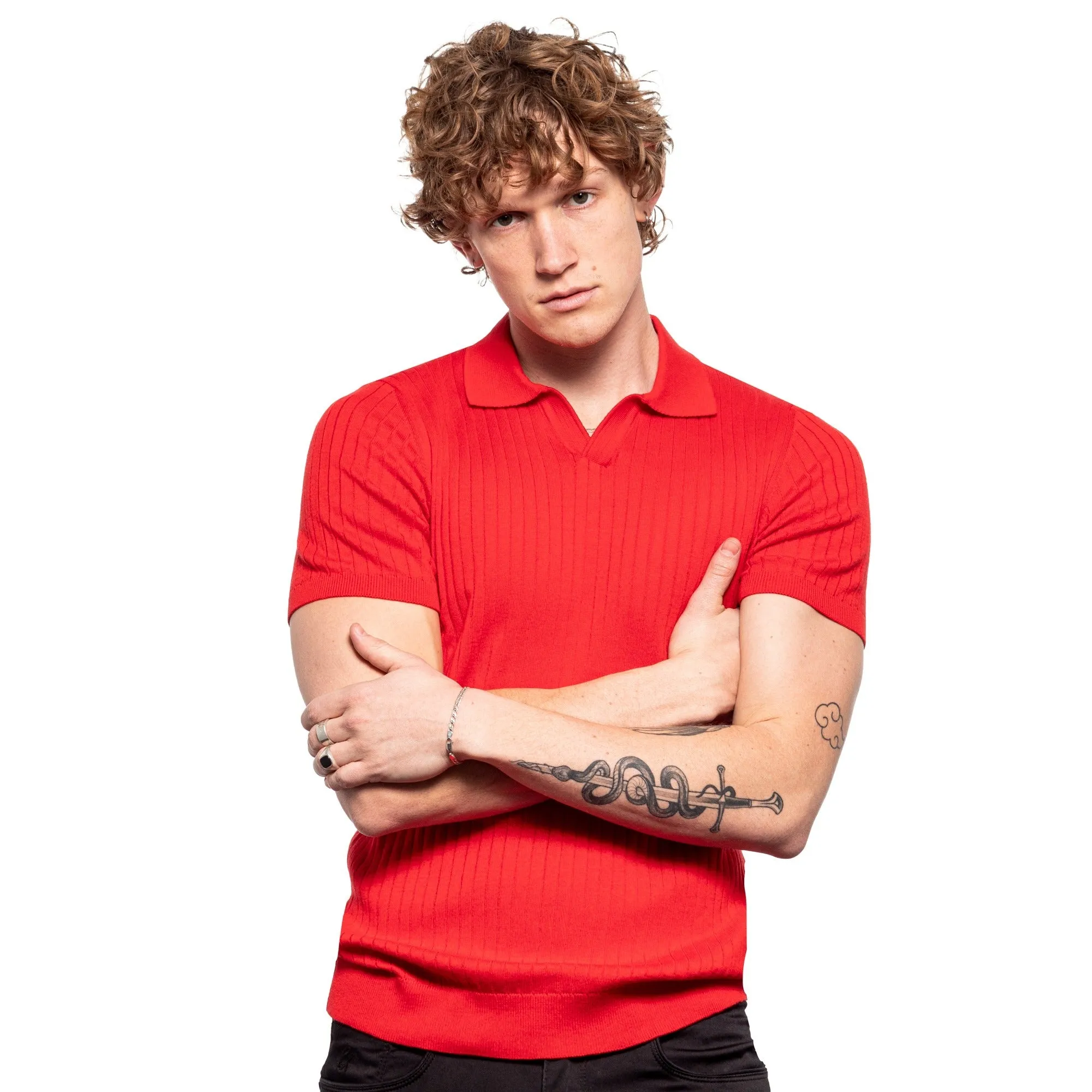 Ribbed Knit Polo - Red