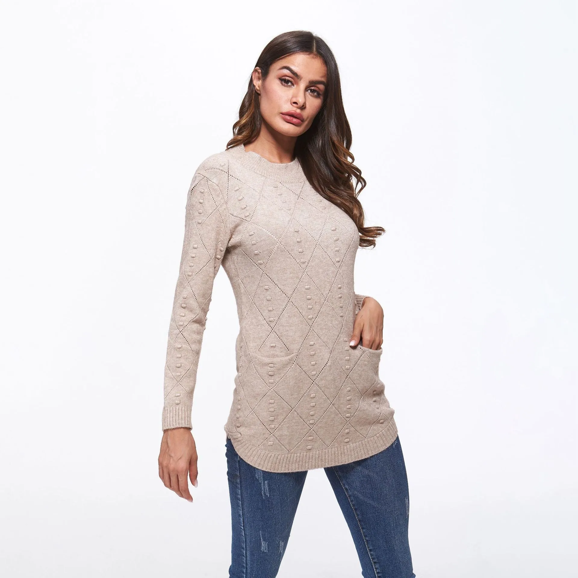 Solid Color Double Pocket Half High Neck Collar Sweaters