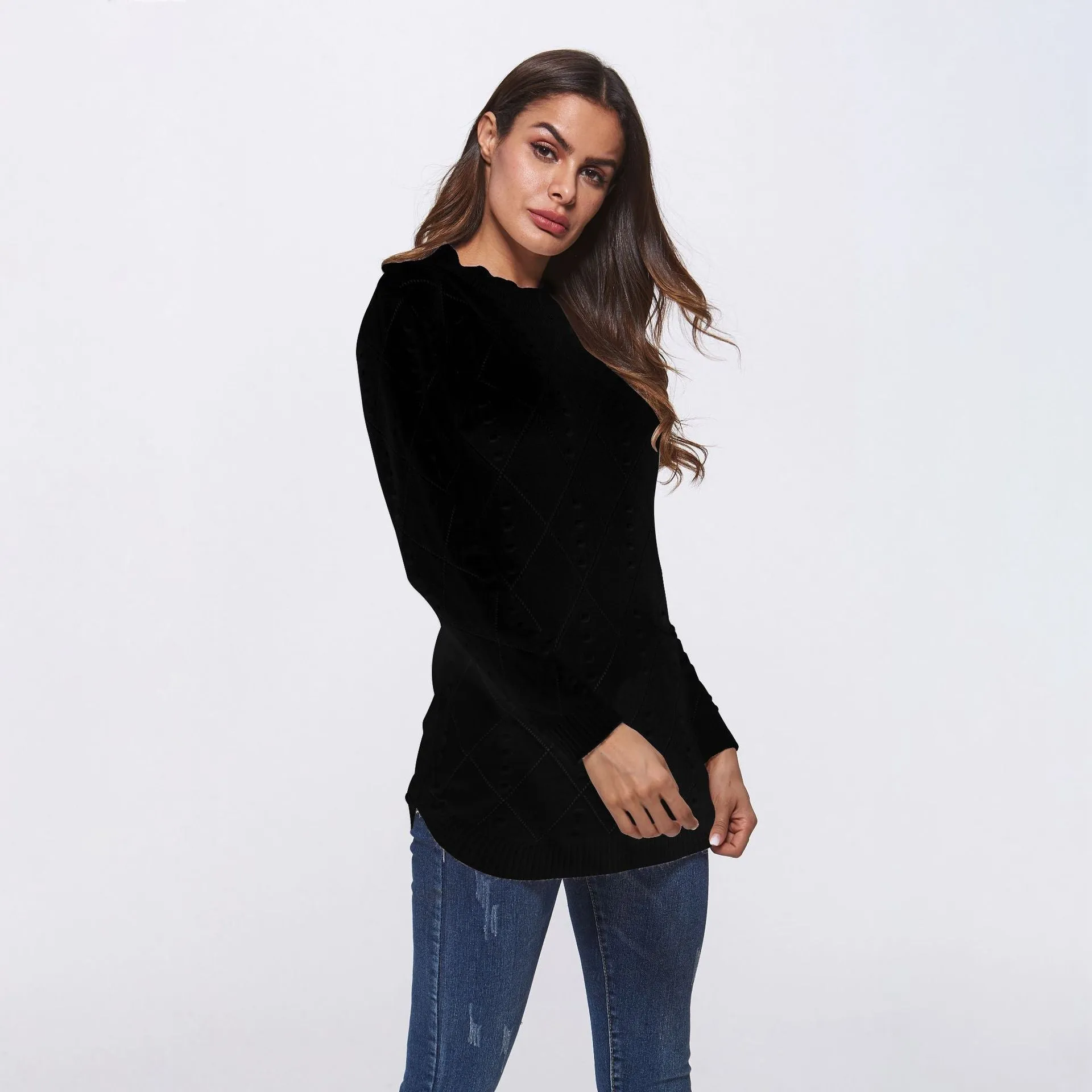 Solid Color Double Pocket Half High Neck Collar Sweaters