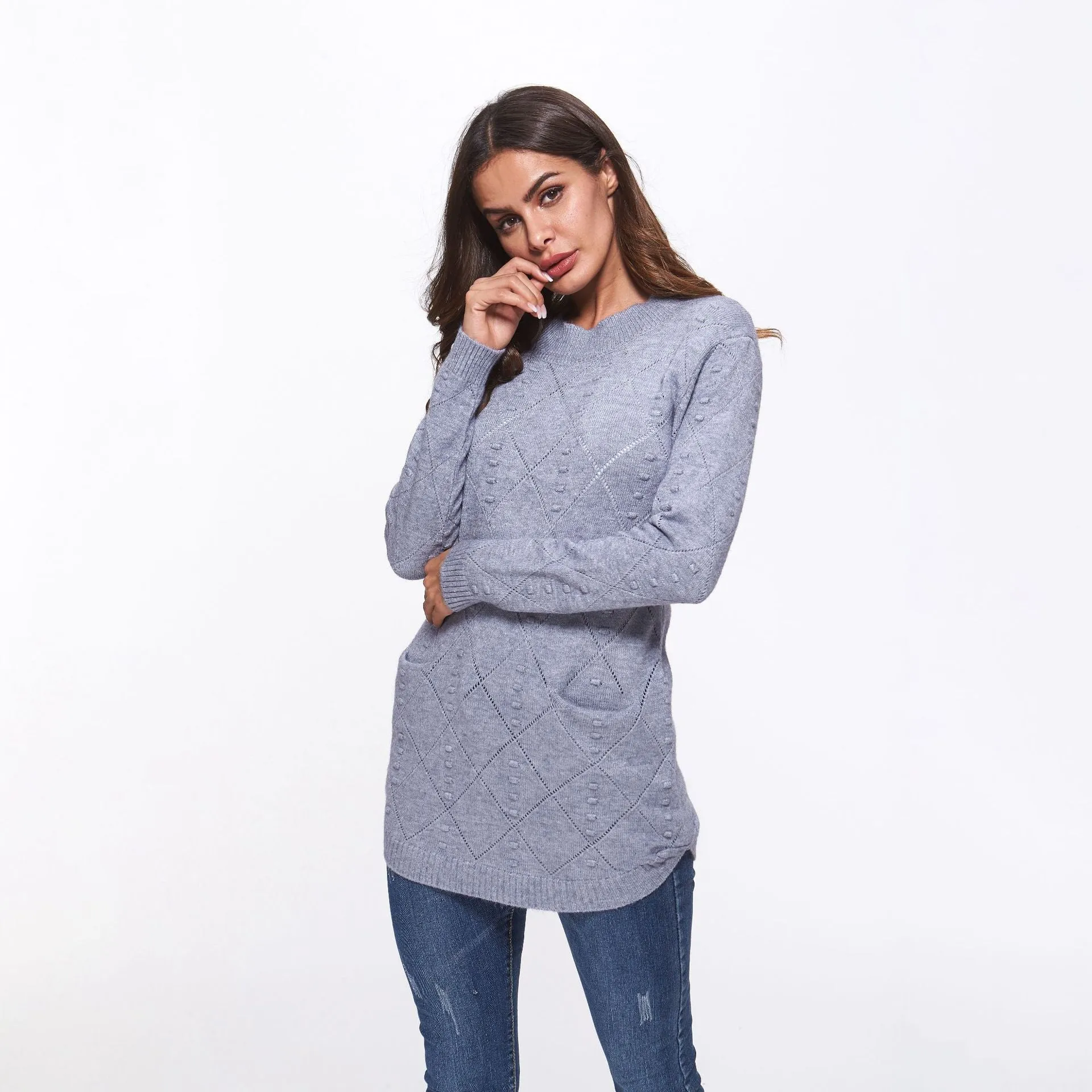 Solid Color Double Pocket Half High Neck Collar Sweaters