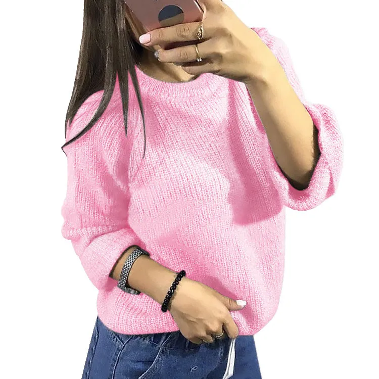 Solid Color Round Neck Roll Sleeve Sweaters