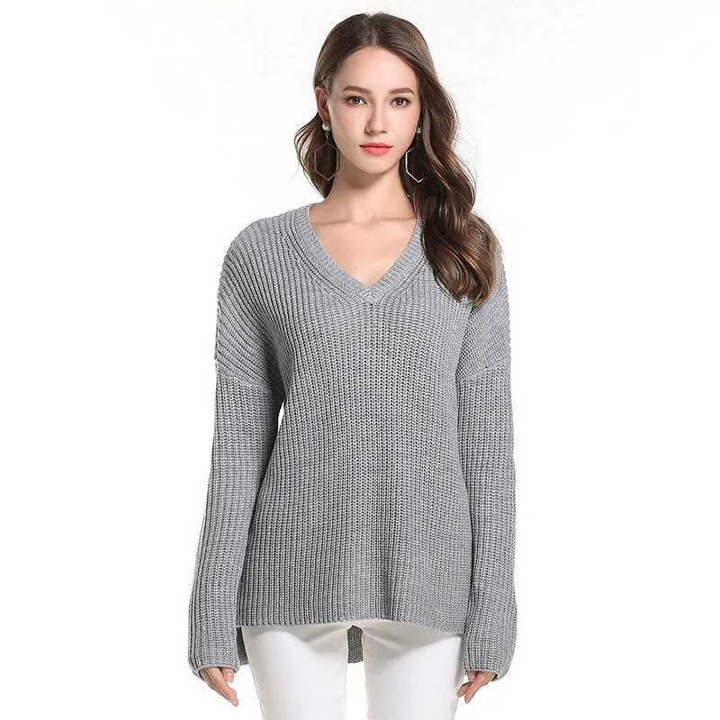 Solid Color V- neck Long Sleeve Sweaters