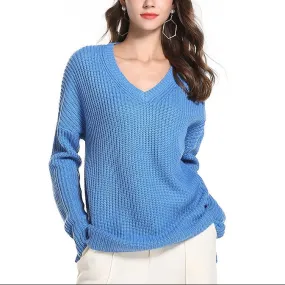 Solid Color V- neck Long Sleeve Sweaters