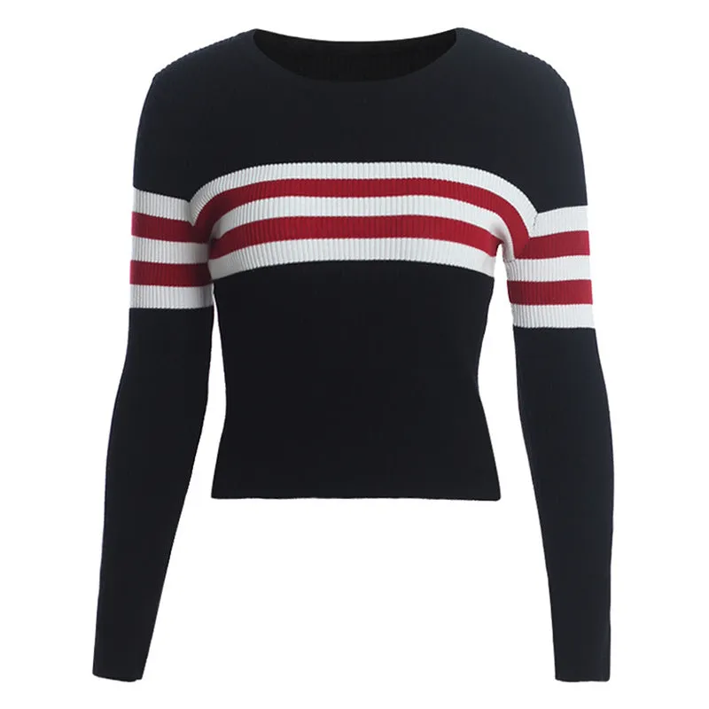 Stripe Elasticity Round Neck Short Knitting Sweaters