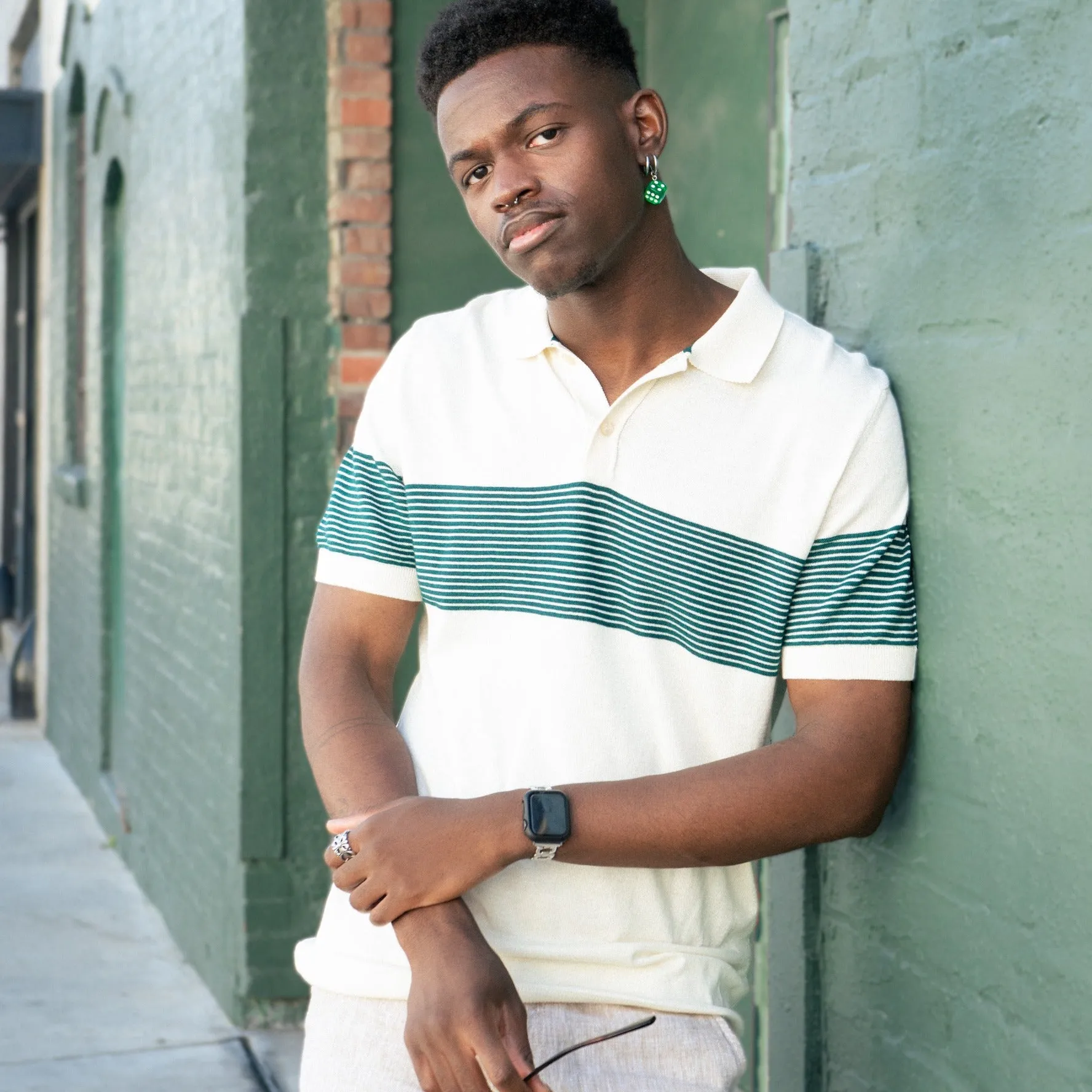 Striped Chest Knit Polo - Beige