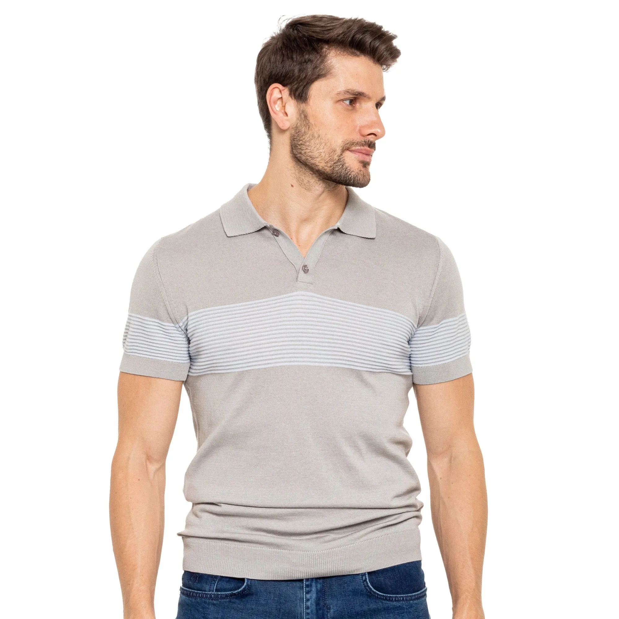 Striped Chest Knit Polo - Grey