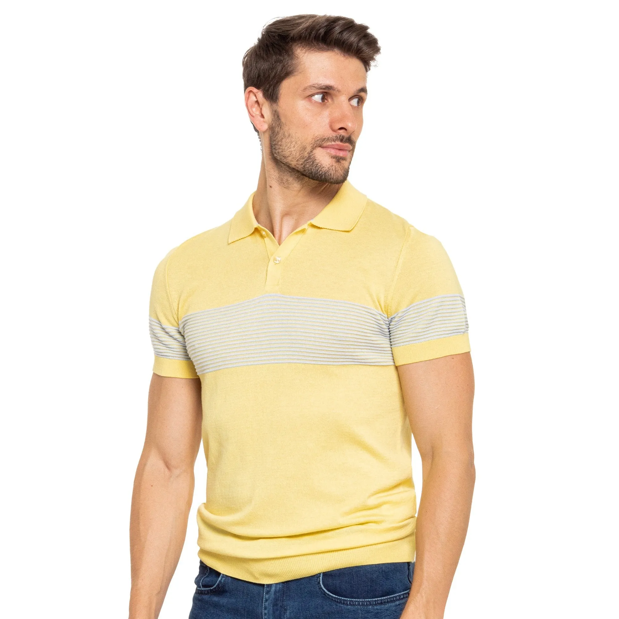 Striped Chest Knit Polo - Yellow