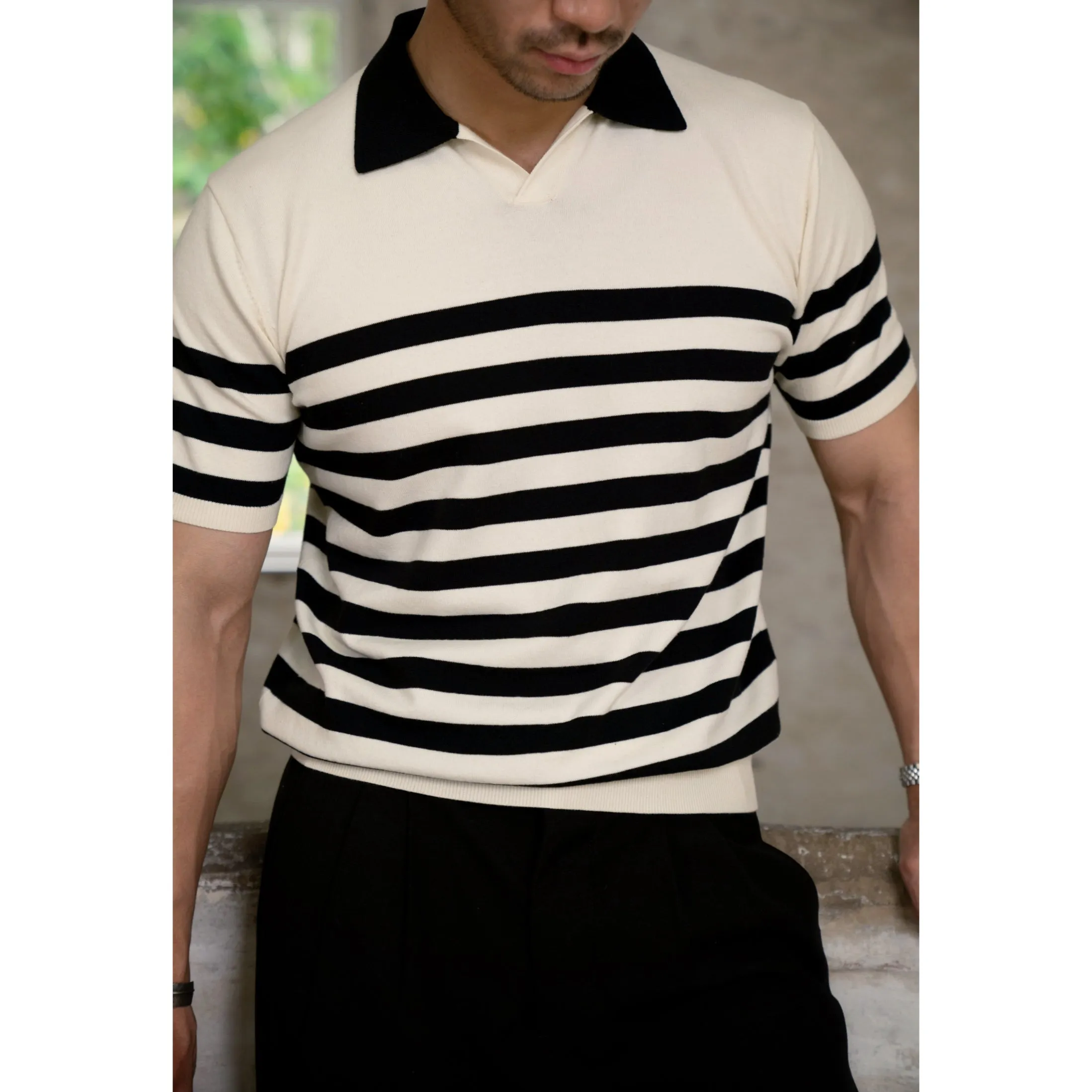 Striped Johnny Collar Shirt Men's