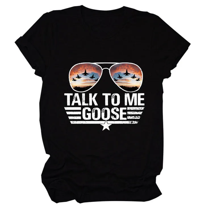 TALK TO ME GOOSE Summer Letter Print Crew Neck Short Sleeve T-Shirt