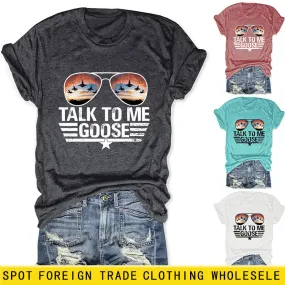 TALK TO ME GOOSE Summer Letter Print Crew Neck Short Sleeve T-Shirt