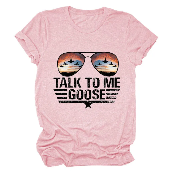 TALK TO ME GOOSE Summer Letter Print Crew Neck Short Sleeve T-Shirt