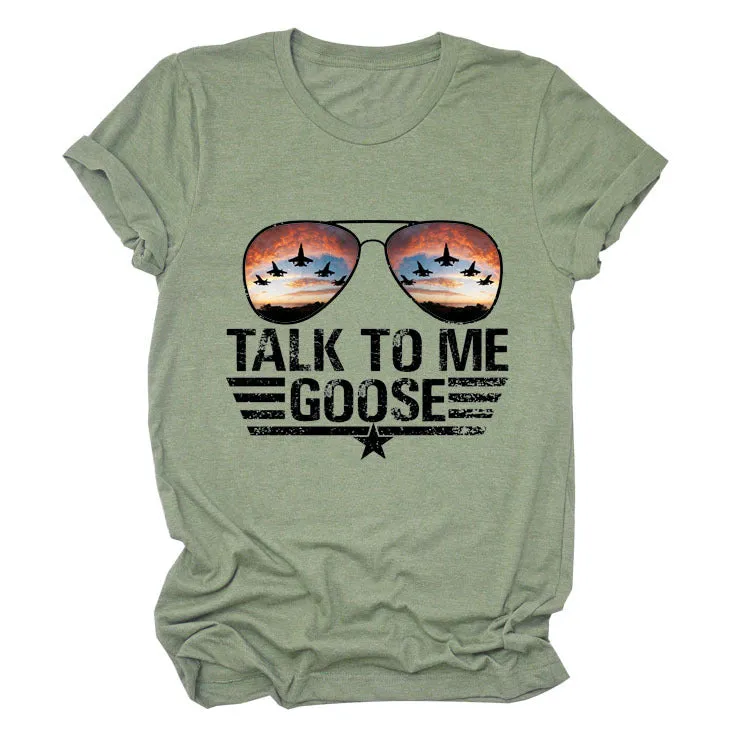 TALK TO ME GOOSE Summer Letter Print Crew Neck Short Sleeve T-Shirt