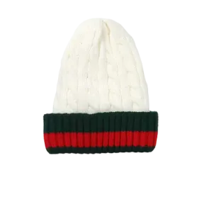 White Men's Winter knitted hat with green and red Striped Wool Beanie