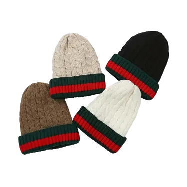 White Men's Winter knitted hat with green and red Striped Wool Beanie