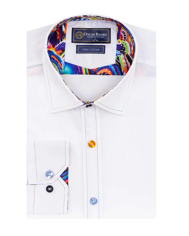 White Plain Panel Colourful Print Collar Tip Pure Cotton Shirt