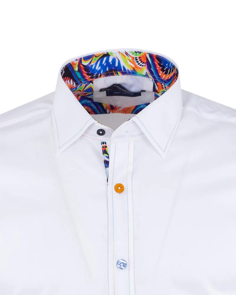 White Plain Panel Colourful Print Collar Tip Pure Cotton Shirt